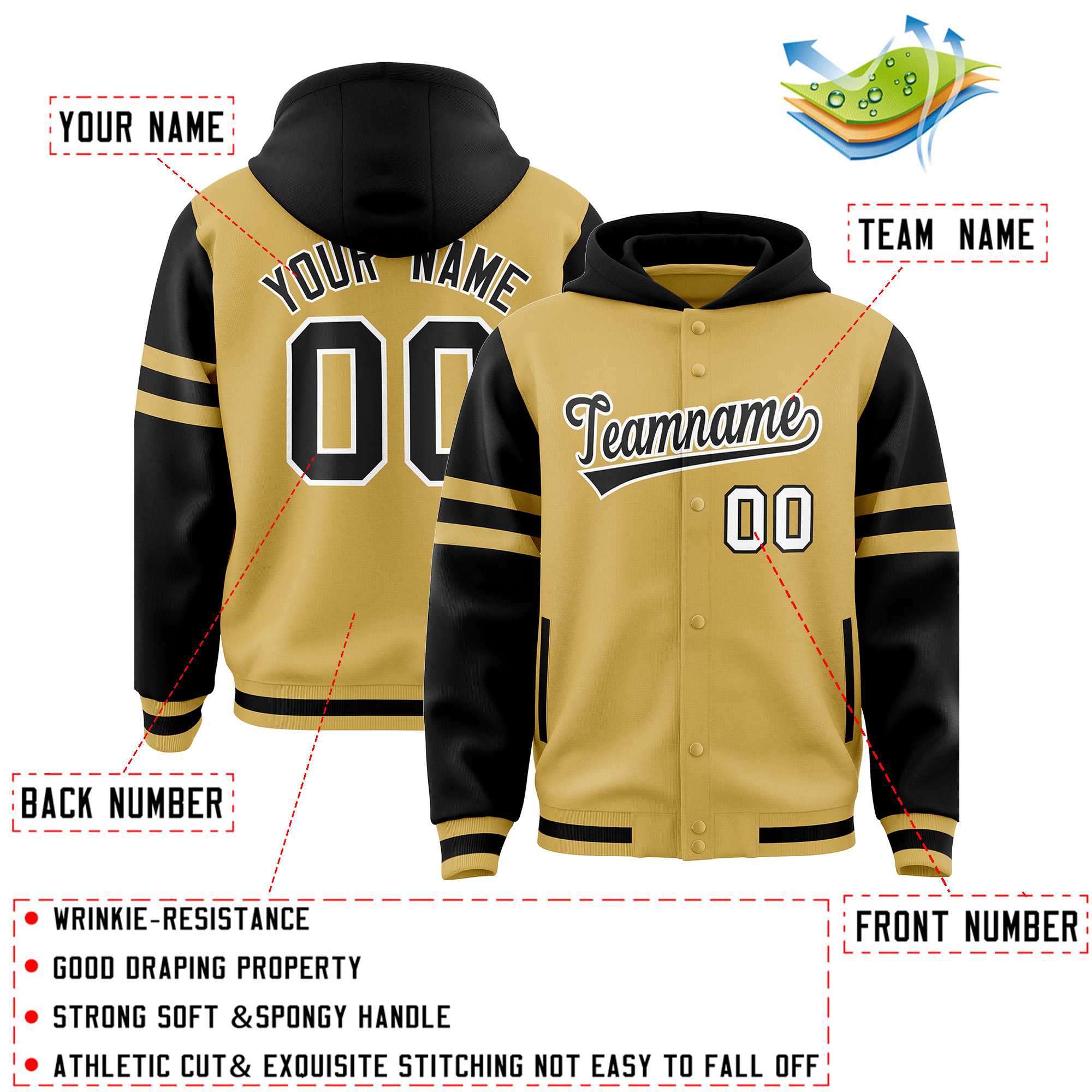 Custom Old Gold Black Raglan Sleeves Varsity Full-Snap Letterman Three Stripes Hoodie Jacket