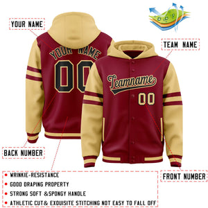 Custom Crimson Khaki Raglan Sleeves Varsity Full-Snap Letterman Three Stripes Hoodie Jacket