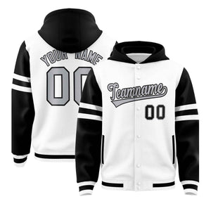 Custom White Black Raglan Sleeves Varsity Full-Snap Letterman Three Stripes Hoodie Jacket