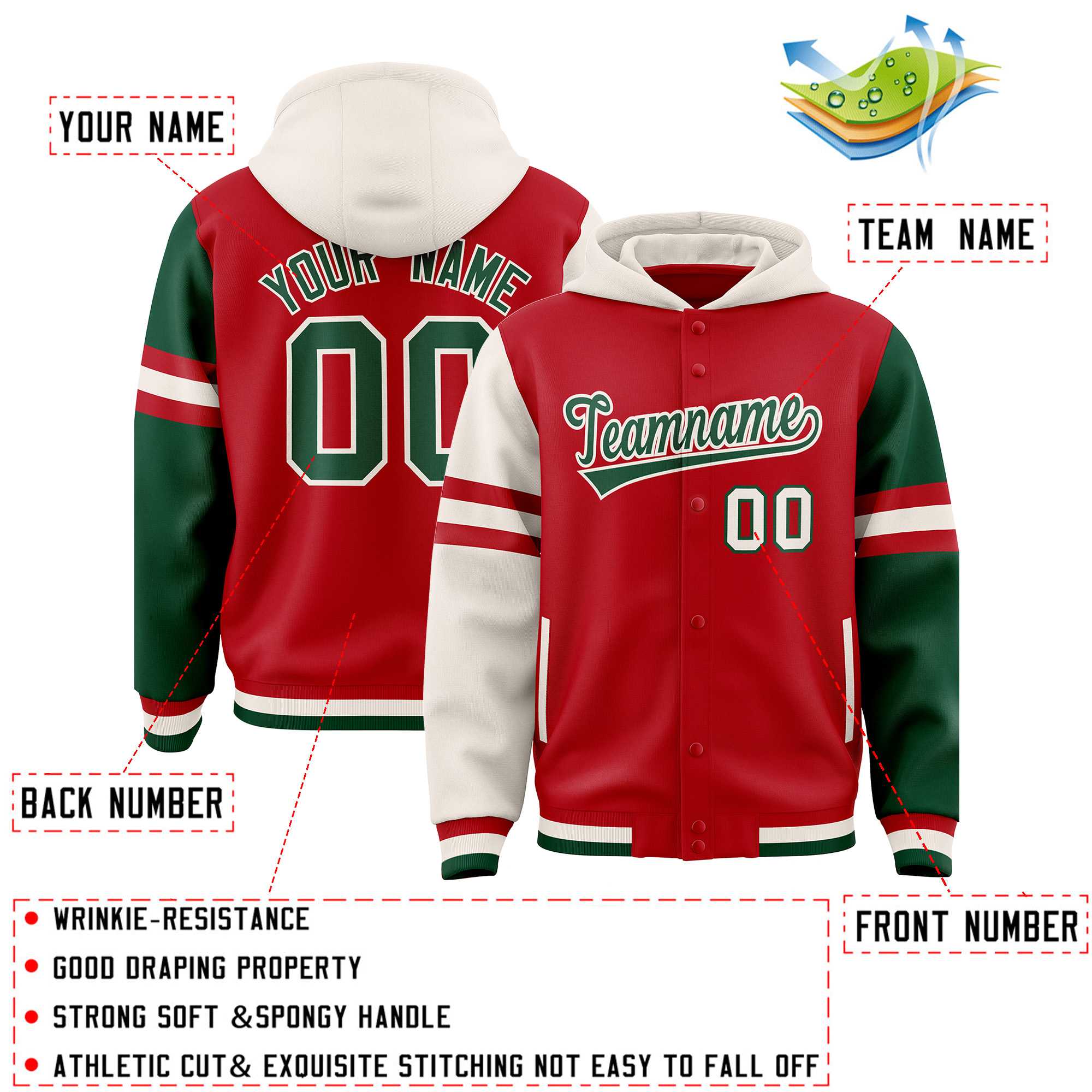 Custom Red Cream-Green Raglan Sleeves Varsity Full-Snap Letterman Three Stripes Hoodie Jacket