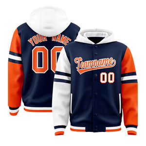 Custom Navy White-Orange Raglan Sleeves Varsity Full-Snap Letterman Three Stripes Hoodie Jacket