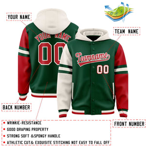 Custom Green Cream-Red Raglan Sleeves Varsity Full-Snap Letterman Three Stripes Hoodie Jacket