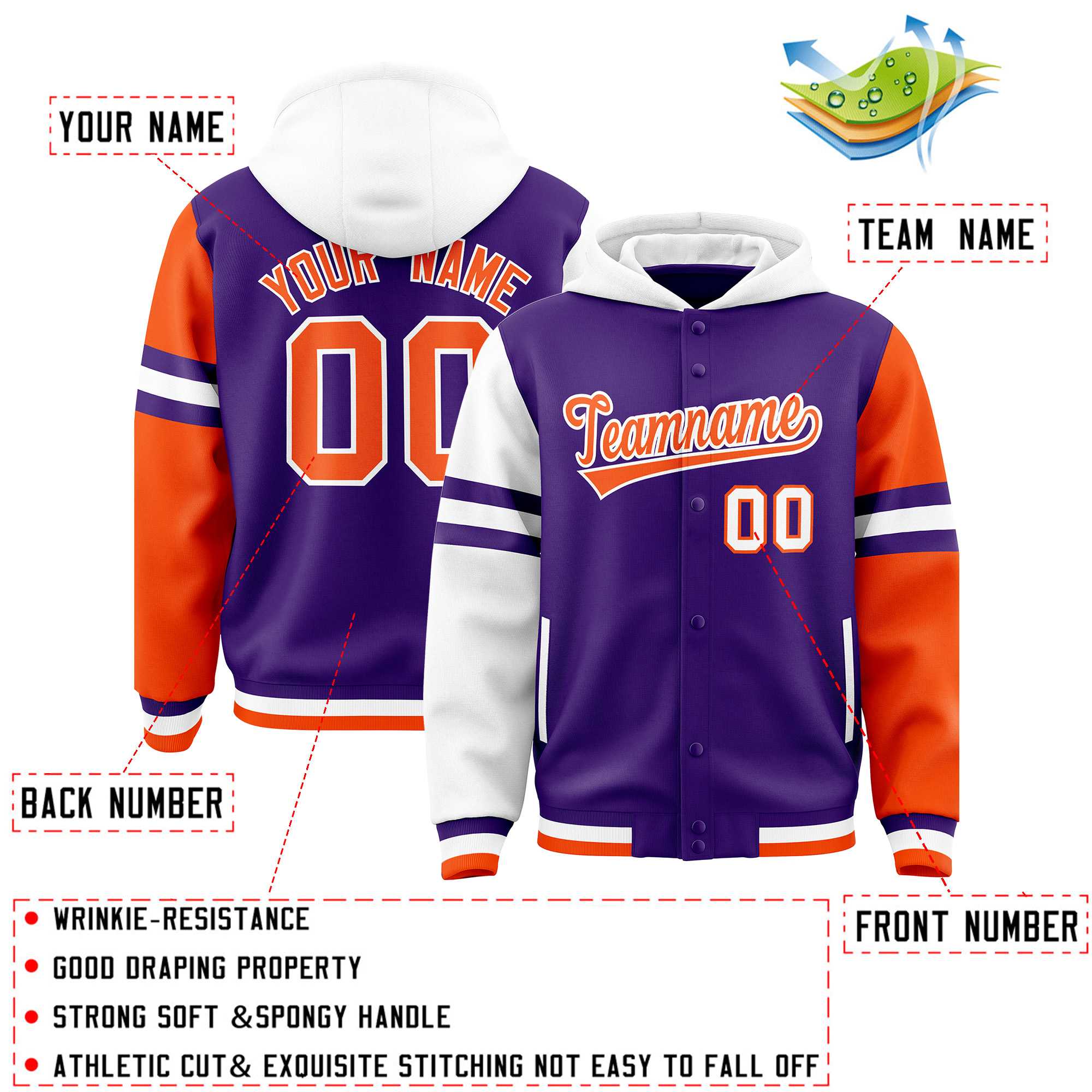 Custom Purple White-Orange Raglan Sleeves Varsity Full-Snap Letterman Three Stripes Hoodie Jacket