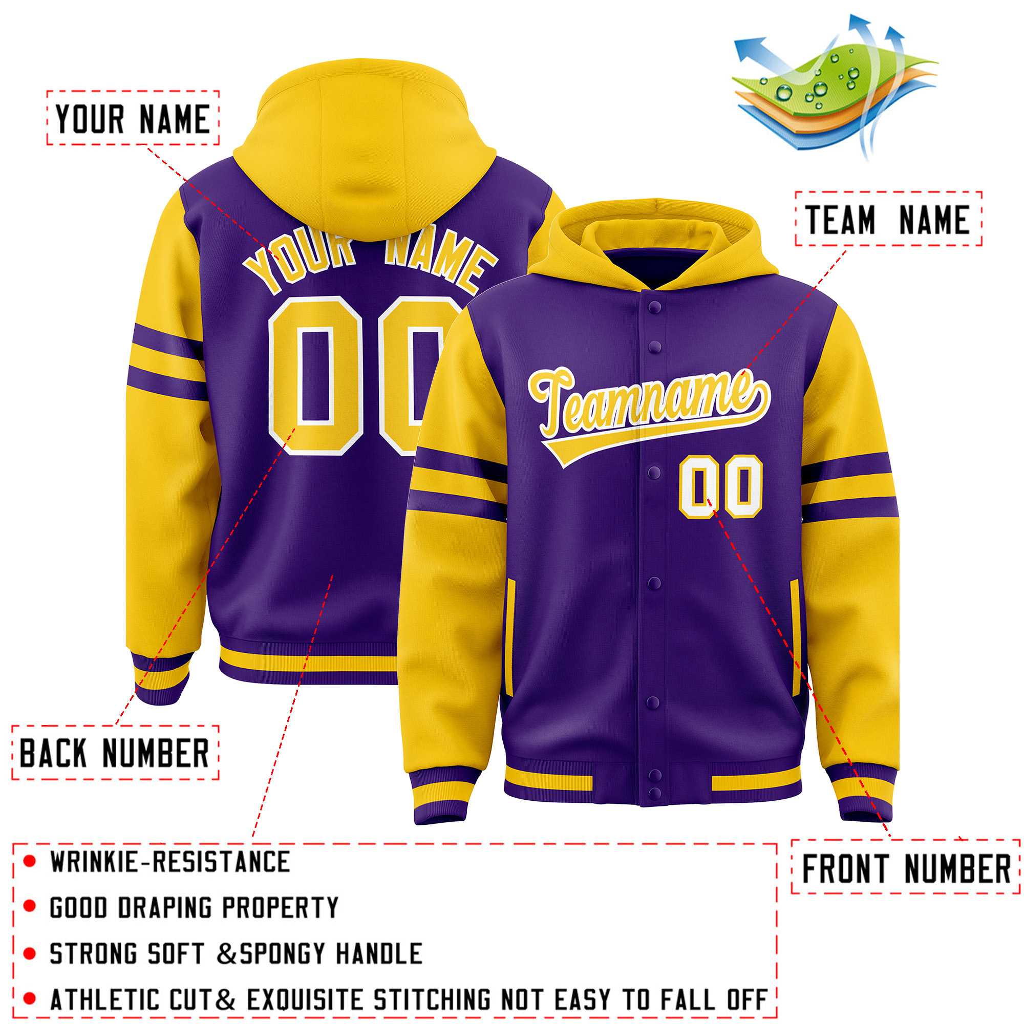 Custom Purple Gold Raglan Sleeves Varsity Full-Snap Letterman Three Stripes Hoodie Jacket