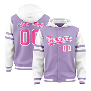 Custom Light Purple White Raglan Sleeves Varsity Full-Snap Letterman Three Stripes Hoodie Jacket