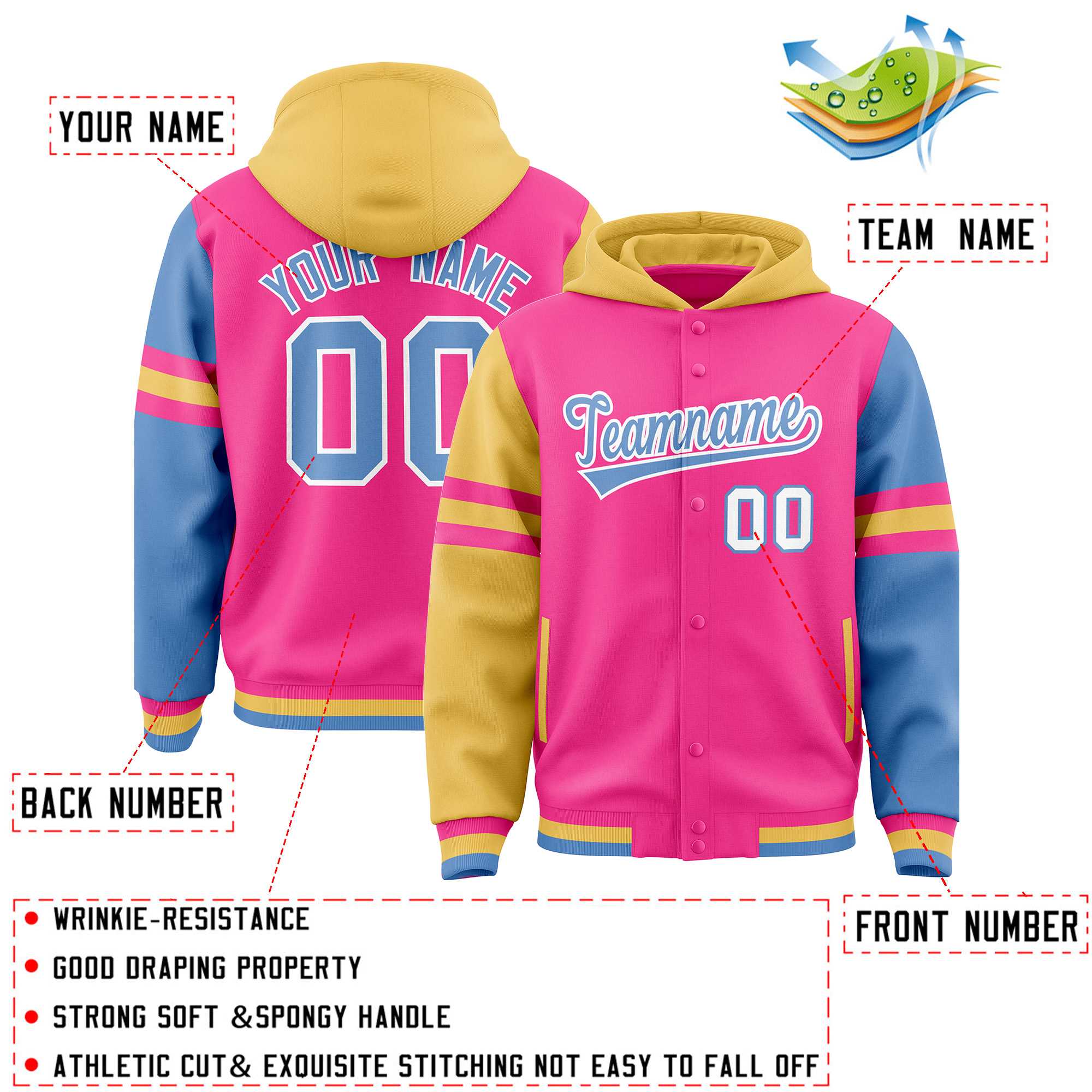 Custom Pink Khaki-Light Blue Raglan Sleeves Varsity Full-Snap Letterman Three Stripes Hoodie Jacket