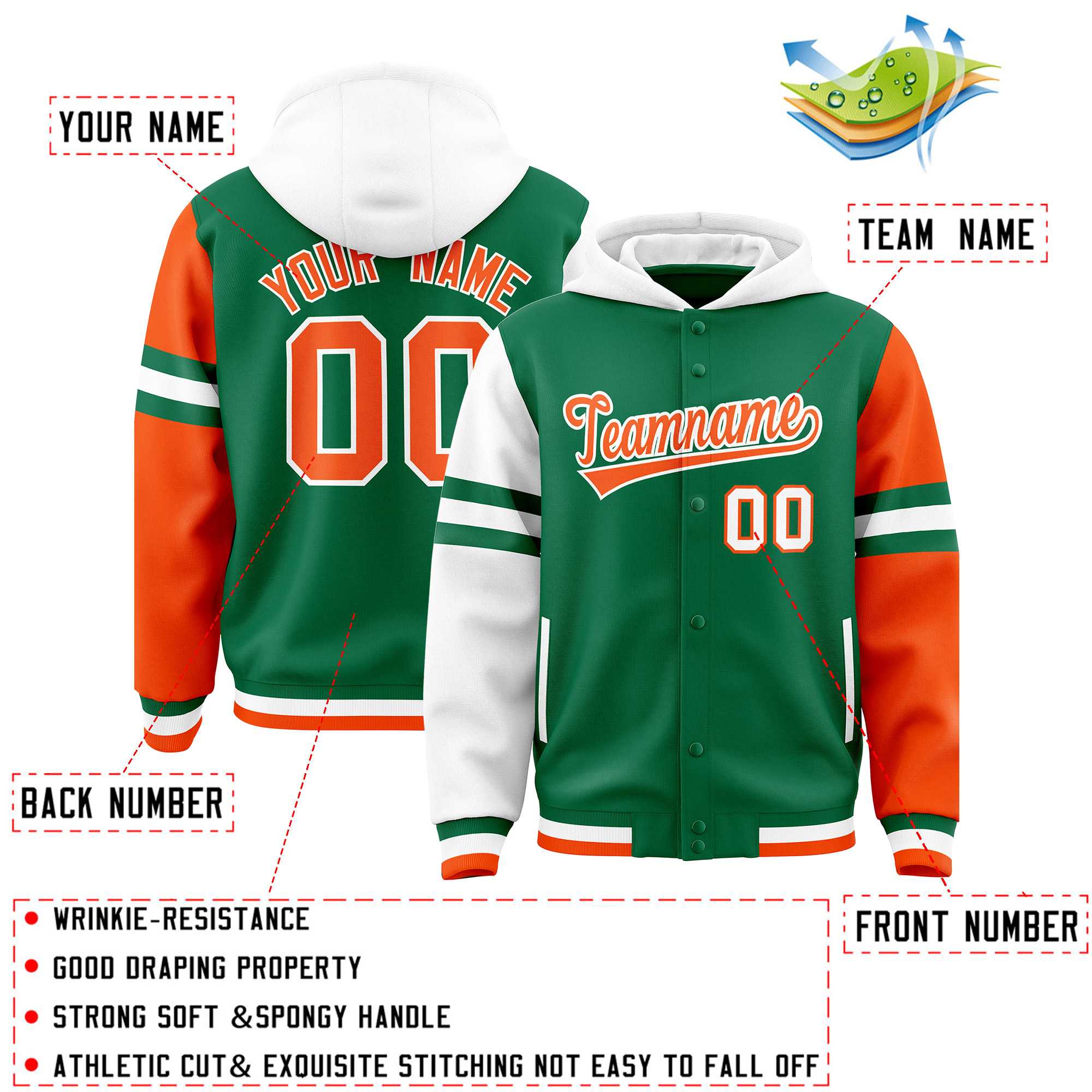 Custom Kelly Green White-Orange Raglan Sleeves Varsity Full-Snap Letterman Three Stripes Hoodie Jacket