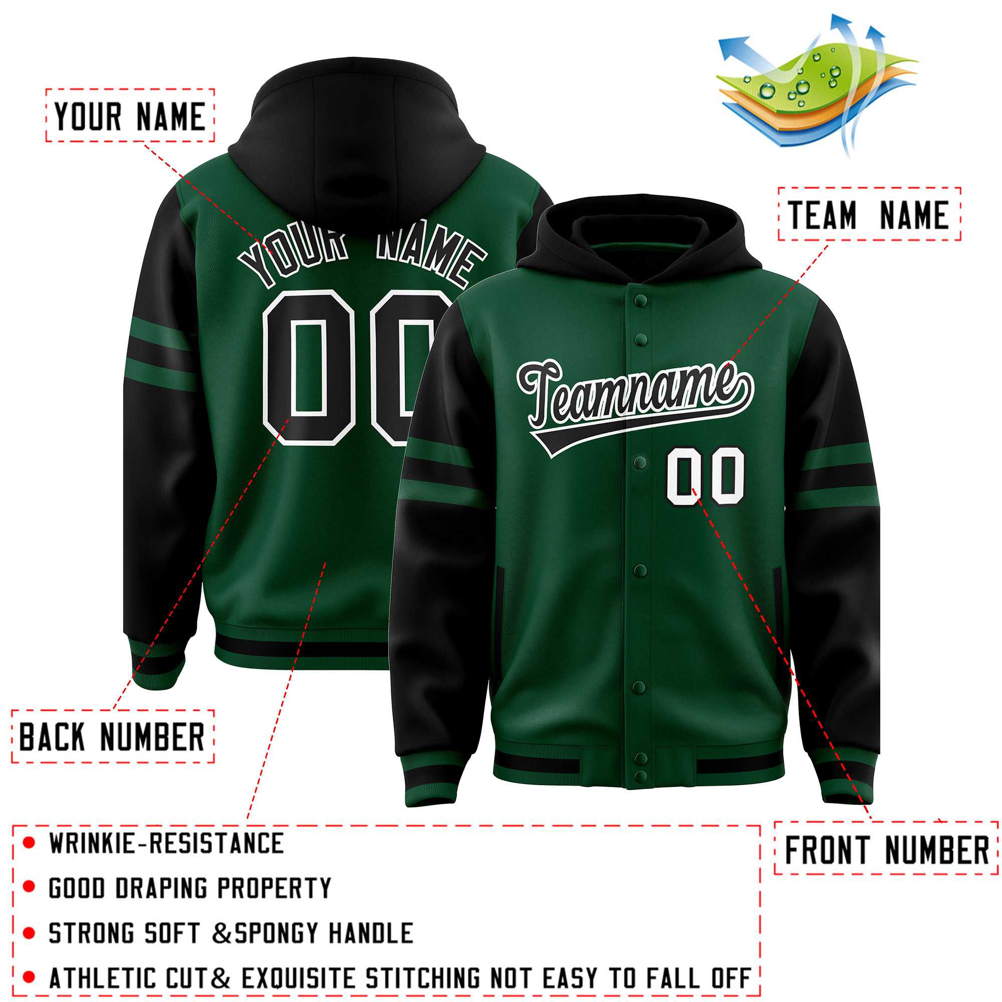 Custom Green Black Raglan Sleeves Varsity Full-Snap Letterman Three Stripes Hoodie Jacket