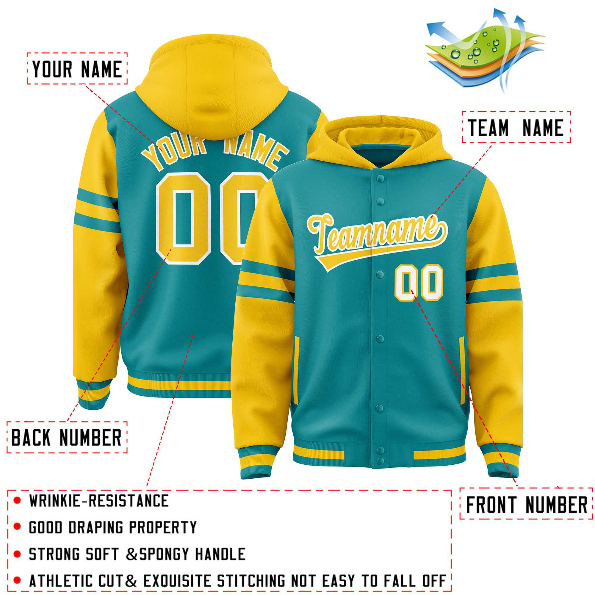 Custom Aqua Gold Raglan Sleeves Varsity Full-Snap Letterman Three Stripes Hoodie Jacket