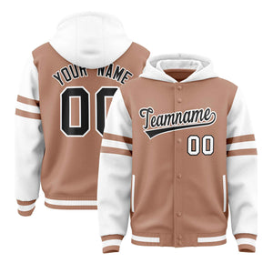 Custom Coffee Brown White Raglan Sleeves Varsity Full-Snap Letterman Three Stripes Hoodie Jacket