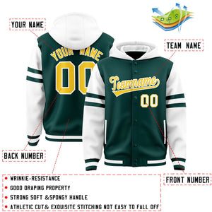 Custom Midnight Green White Raglan Sleeves Varsity Full-Snap Letterman Three Stripes Hoodie Jacket