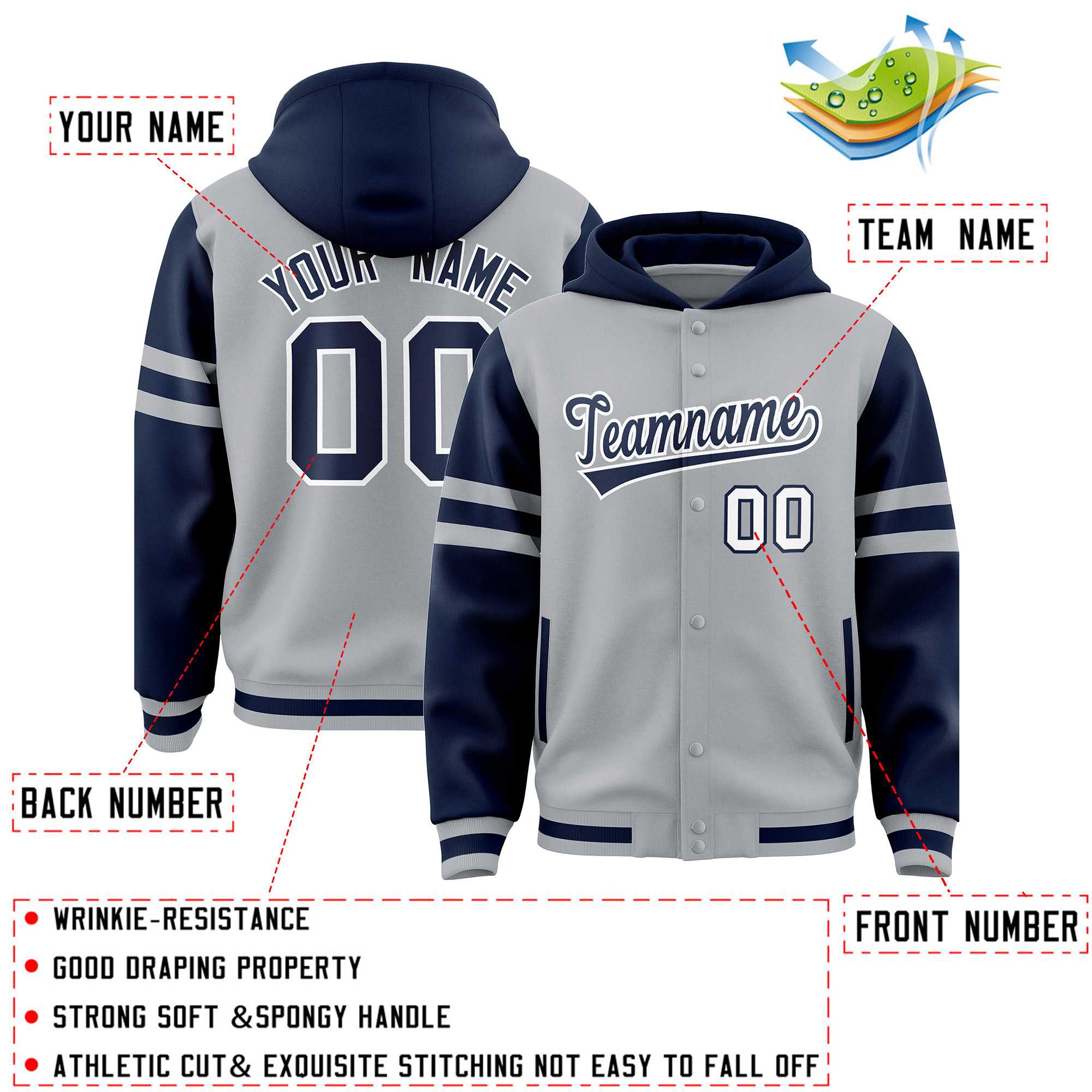 Custom Silver Navy Raglan Sleeves Varsity Full-Snap Letterman Three Stripes Hoodie Jacket