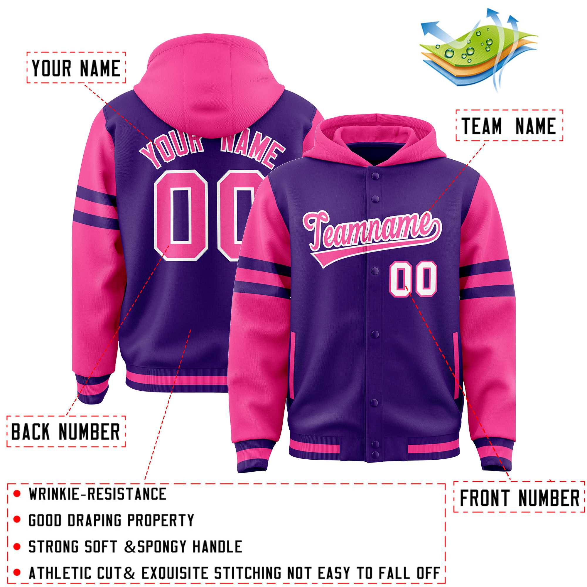 Custom Purple Pink Raglan Sleeves Varsity Full-Snap Letterman Three Stripes Hoodie Jacket