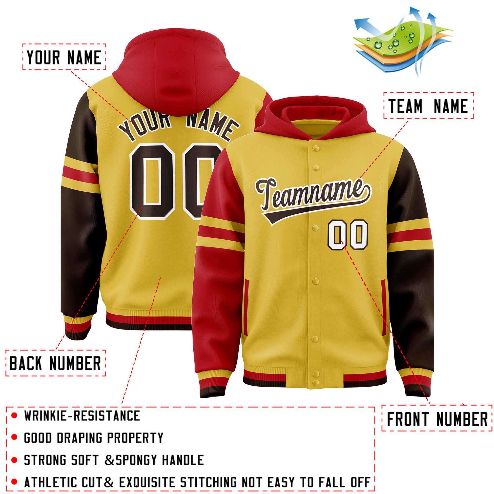 Custom Old Gold Red-Brown Raglan Sleeves Varsity Full-Snap Letterman Three Stripes Hoodie Jacket