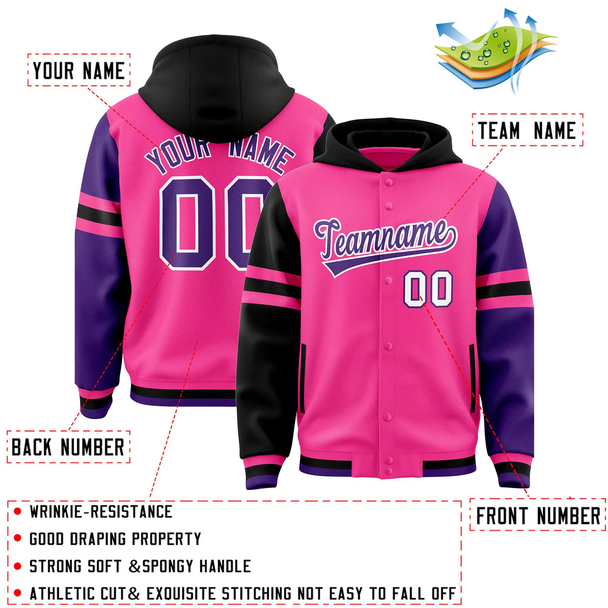 Custom Pink Black-Purple Raglan Sleeves Varsity Full-Snap Letterman Three Stripes Hoodie Jacket