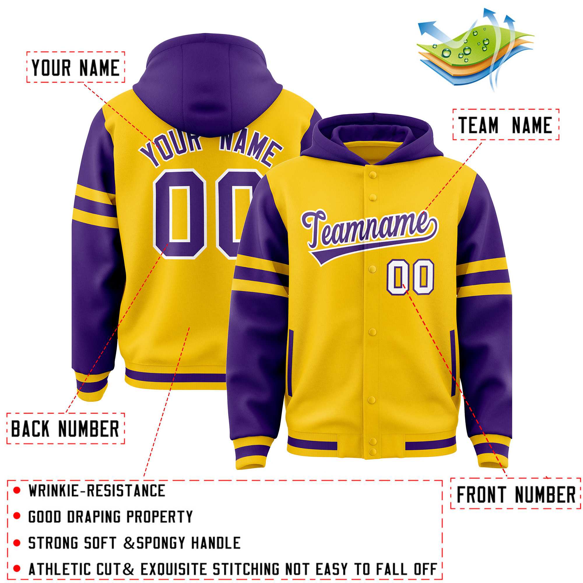 Custom Gold Purple Raglan Sleeves Varsity Full-Snap Letterman Three Stripes Hoodie Jacket