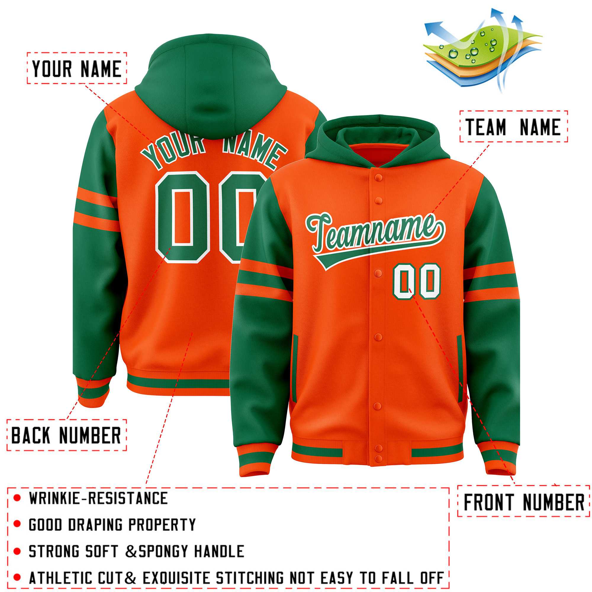 Custom Orange Kelly Green Raglan Sleeves Varsity Full-Snap Letterman Three Stripes Hoodie Jacket