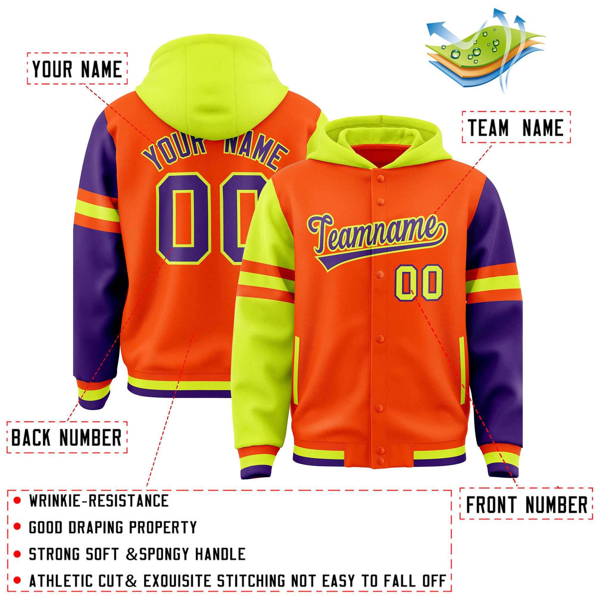 Custom Orange Fluorescent Green-Purple Raglan Sleeves Varsity Full-Snap Letterman Three Stripes Hoodie Jacket