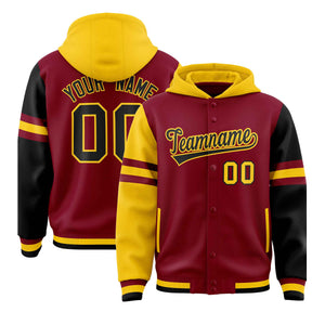 Custom Crimson Gold-Black Raglan Sleeves Varsity Full-Snap Letterman Three Stripes Hoodie Jacket