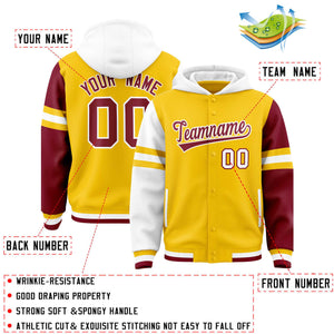 Custom Gold White-Crimson Raglan Sleeves Varsity Full-Snap Letterman Three Stripes Hoodie Jacket