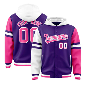 Custom Purple White-Pink Raglan Sleeves Varsity Full-Snap Letterman Three Stripes Hoodie Jacket