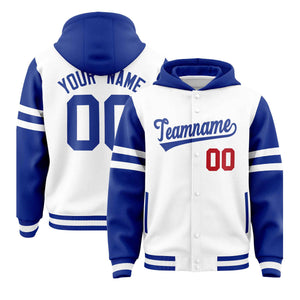 Custom White Royal Raglan Sleeves Varsity Full-Snap Letterman Three Stripes Hoodie Jacket