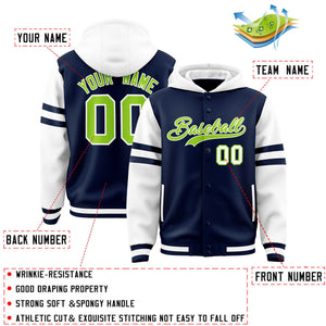 Custom Navy White Raglan Sleeves Varsity Full-Snap Letterman Three Stripes Hoodie Jacket