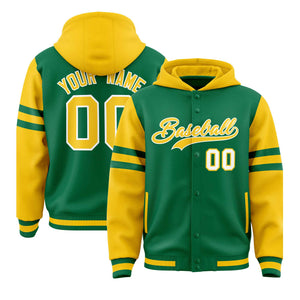 Custom Kelly Green Gold Raglan Sleeves Varsity Full-Snap Letterman Three Stripes Hoodie Jacket