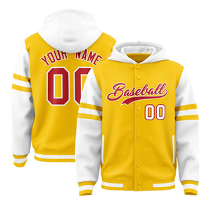 Custom Gold White Raglan Sleeves Varsity Full-Snap Letterman Three Stripes Hoodie Jacket