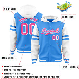 Custom Powder Blue White Raglan Sleeves Varsity Full-Snap Letterman Three Stripes Hoodie Jacket