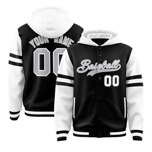 Custom Black White Raglan Sleeves Varsity Full-Snap Letterman Three Stripes Hoodie Jacket