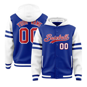 Custom Royal White Raglan Sleeves Varsity Full-Snap Letterman Three Stripes Hoodie Jacket