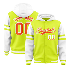 Custom Fluorescent Green White Raglan Sleeves Varsity Full-Snap Letterman Three Stripes Hoodie Jacket