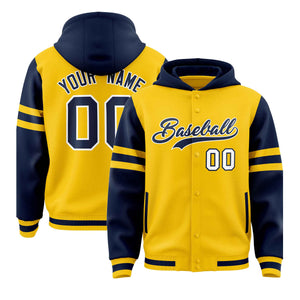 Custom Gold Navy Raglan Sleeves Varsity Full-Snap Letterman Three Stripes Hoodie Jacket