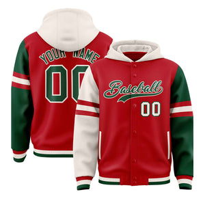 Custom Red Cream-Green Raglan Sleeves Varsity Full-Snap Letterman Three Stripes Hoodie Jacket