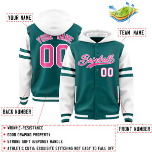 Custom Aqua White Raglan Sleeves Varsity Full-Snap Letterman Three Stripes Hoodie Jacket