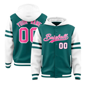 Custom Aqua White Raglan Sleeves Varsity Full-Snap Letterman Three Stripes Hoodie Jacket