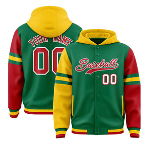 Custom Kelly Green Gold-Red Raglan Sleeves Varsity Full-Snap Letterman Three Stripes Hoodie Jacket