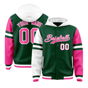 Custom Green White-Pink Raglan Sleeves Varsity Full-Snap Letterman Three Stripes Hoodie Jacket