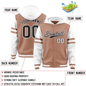 Custom Coffee Brown White Raglan Sleeves Varsity Full-Snap Letterman Three Stripes Hoodie Jacket