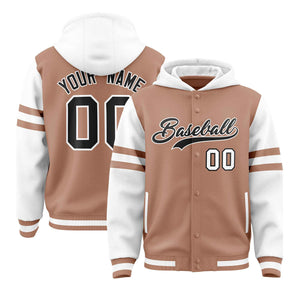 Custom Coffee Brown White Raglan Sleeves Varsity Full-Snap Letterman Three Stripes Hoodie Jacket