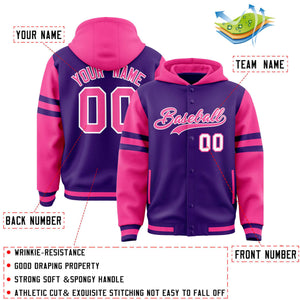 Custom Purple Pink Raglan Sleeves Varsity Full-Snap Letterman Three Stripes Hoodie Jacket