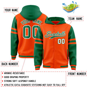 Custom Orange Kelly Green Raglan Sleeves Varsity Full-Snap Letterman Three Stripes Hoodie Jacket