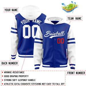 Custom Royal White Raglan Sleeves Varsity Full-Snap Letterman Three Stripes Hoodie Jacket