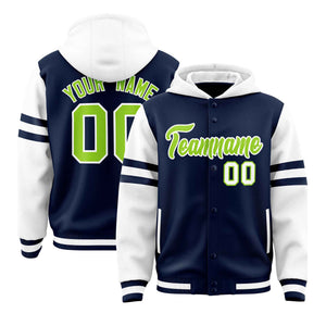 Custom Navy White Raglan Sleeves Varsity Full-Snap Letterman Three Stripes Hoodie Jacket