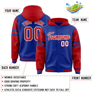 Custom Royal Red Raglan Sleeves Varsity Full-Snap Letterman Three Stripes Hoodie Jacket