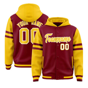 Custom Crimson Gold Raglan Sleeves Varsity Full-Snap Letterman Three Stripes Hoodie Jacket