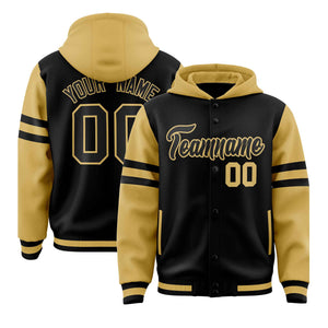 Custom Black Old Gold Raglan Sleeves Varsity Full-Snap Letterman Three Stripes Hoodie Jacket