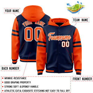 Custom Navy Orange Raglan Sleeves Varsity Full-Snap Letterman Three Stripes Hoodie Jacket