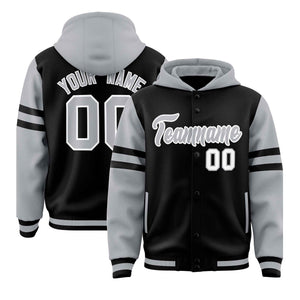 Custom Black Silver Raglan Sleeves Varsity Full-Snap Letterman Three Stripes Hoodie Jacket